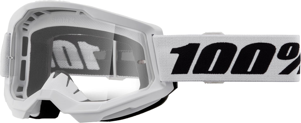 100% Strata 2 goggle in white with clear lens, enhanced fit and wide field of view