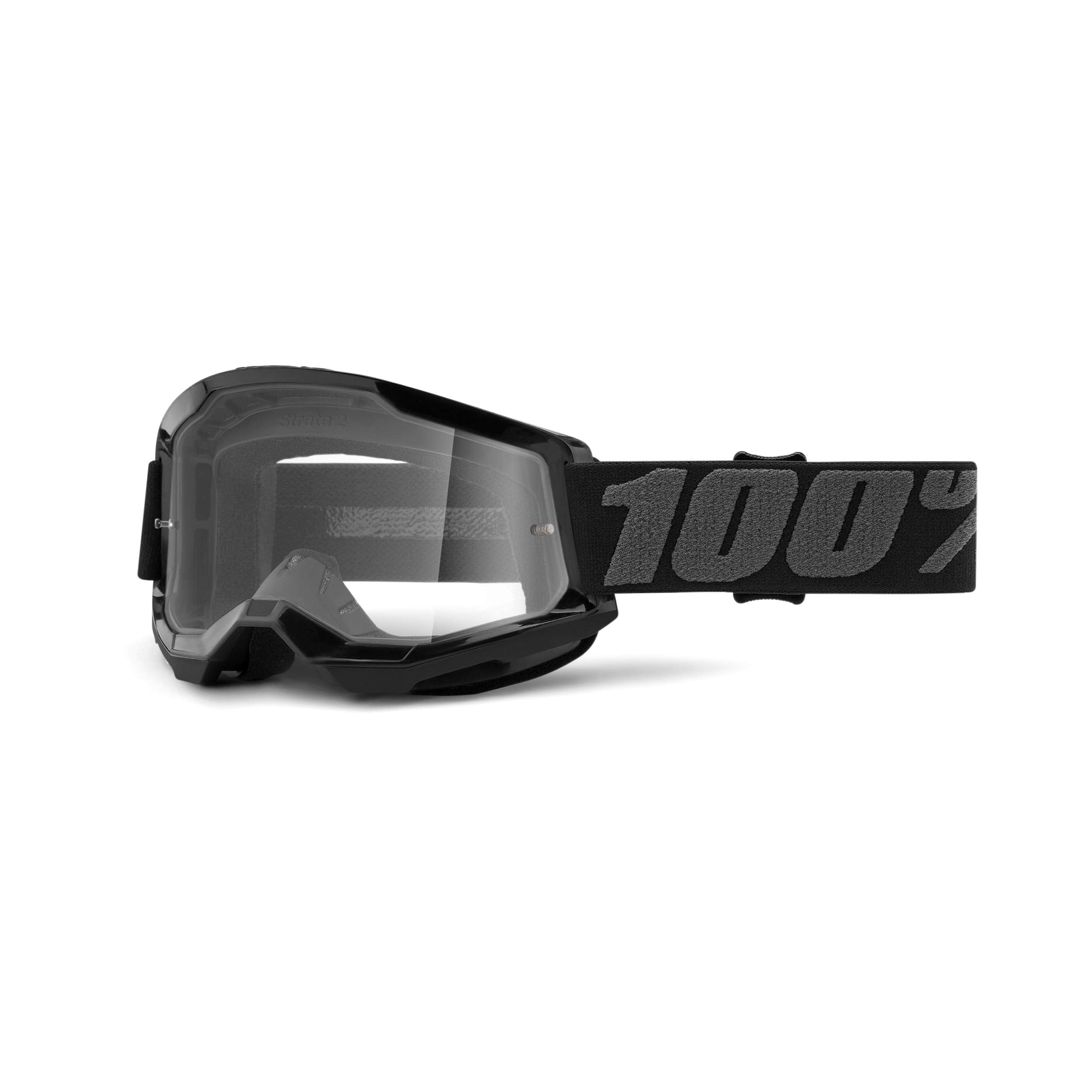 100% Strata 2 goggles with black frame and anti-fog clear lens for sharp visibility