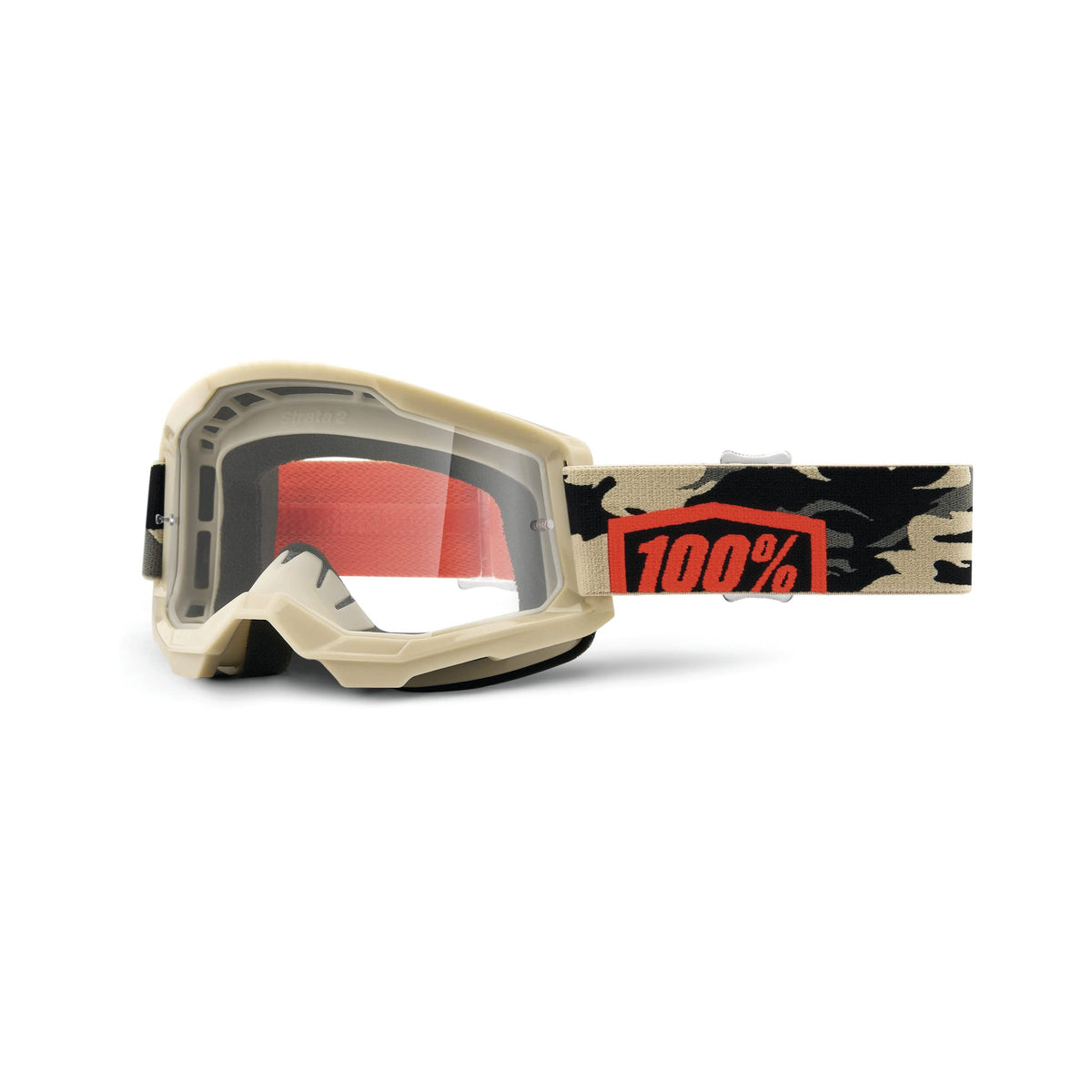 100% Strata 2 goggles with a clear lens for enhanced visibility on rugged trails.