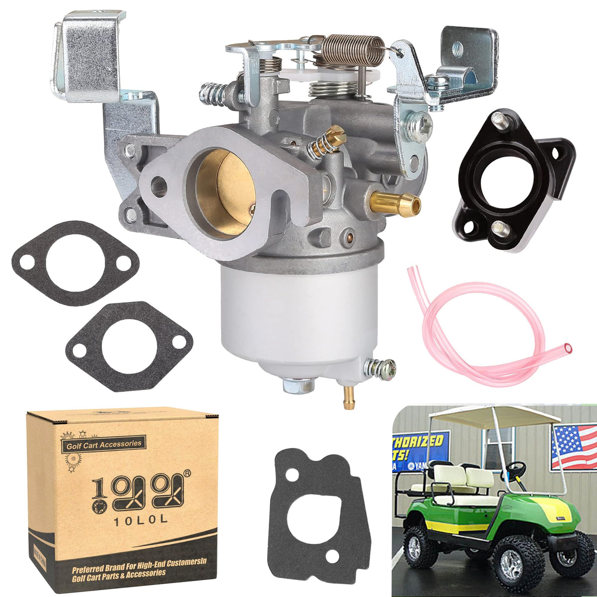 10L0L carburetor top view for Yamaha golf carts showing compact aluminum design and fit