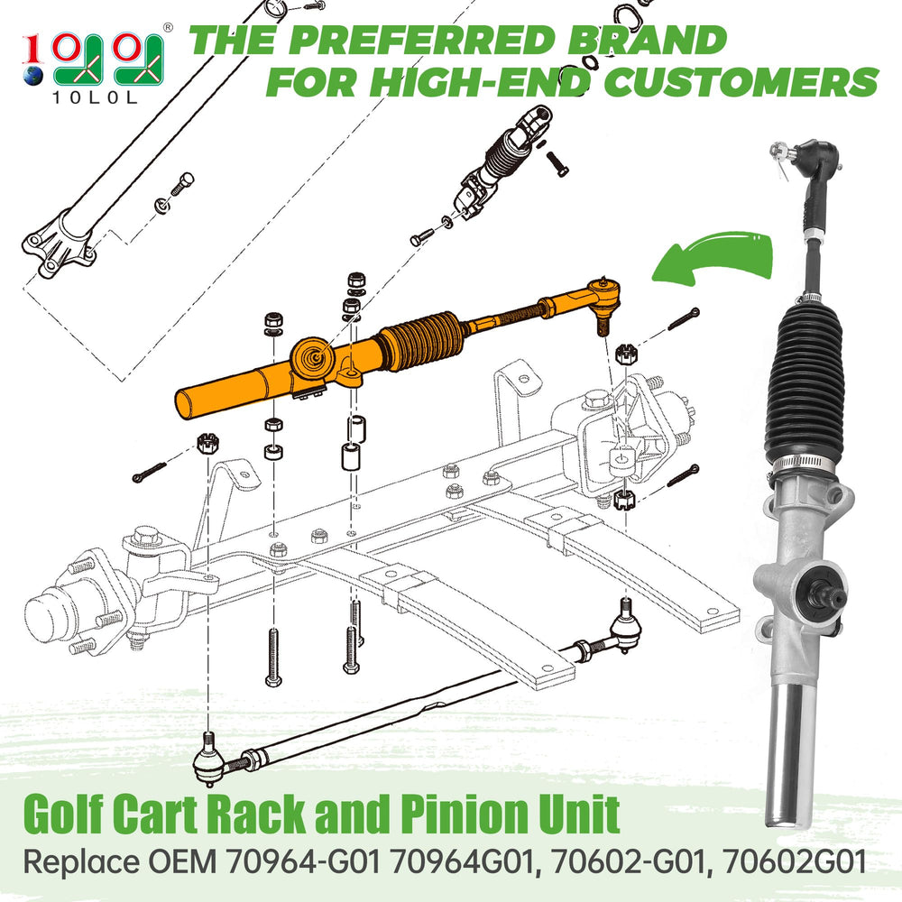 Close-up of 10l0l EZGO TXT steering gear box showing rugged rack-and-pinion