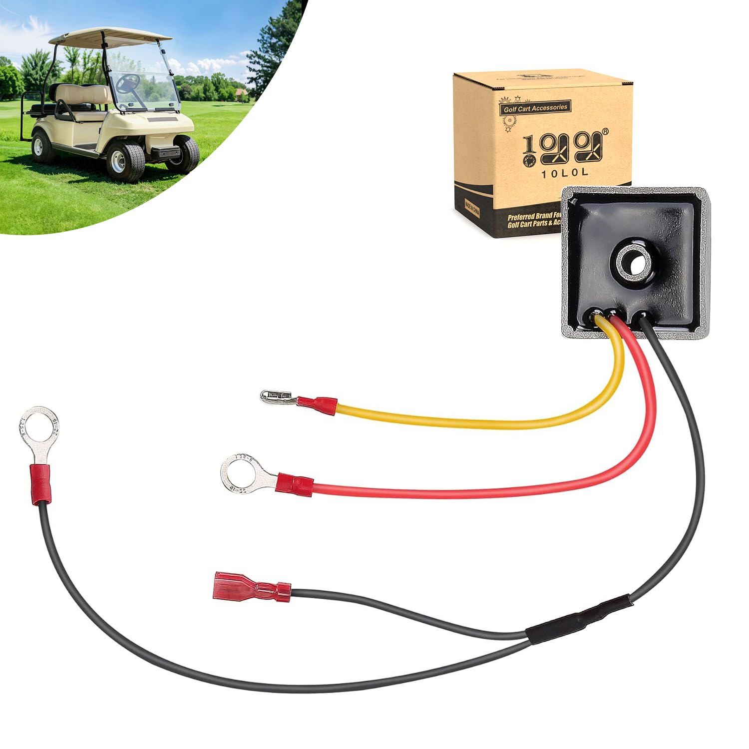 10L0L voltage regulator rectifier for Club Car DS and Carryall, angled view shows robust cooling and protection.