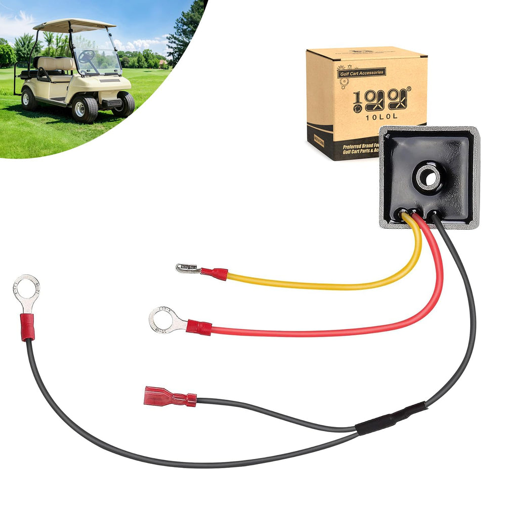 10L0L voltage regulator rectifier for Club Car DS and Carryall, angled view shows robust cooling and protection.