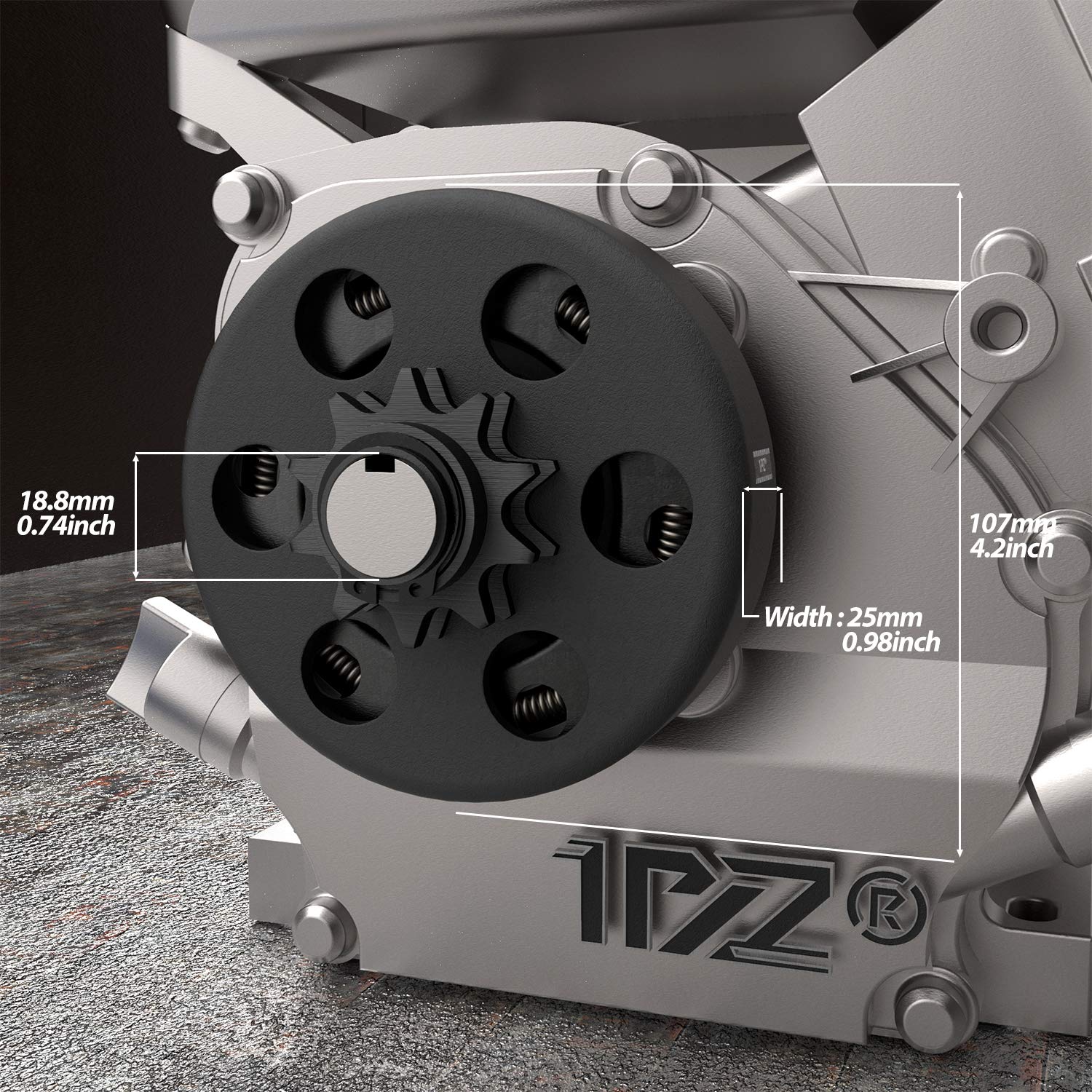1PZ BA5-10T centrifugal clutch 10-tooth detail highlights compact chain compatibility.