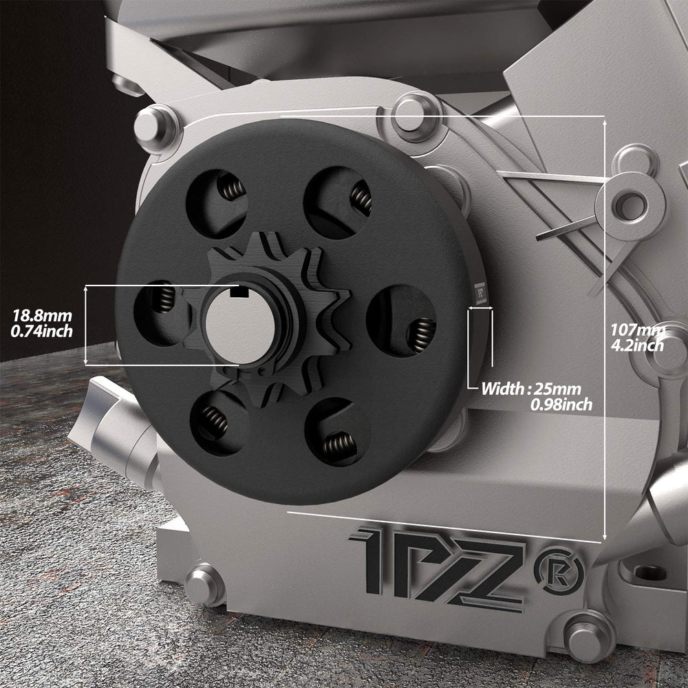 1PZ BA5-10T centrifugal clutch 10-tooth detail highlights compact chain compatibility.
