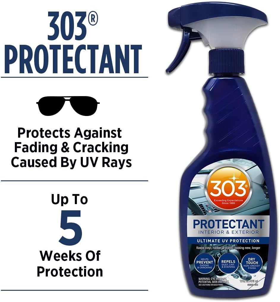 303 Products automotive protectant spray shows a long-lasting non-greasy finish on surfaces