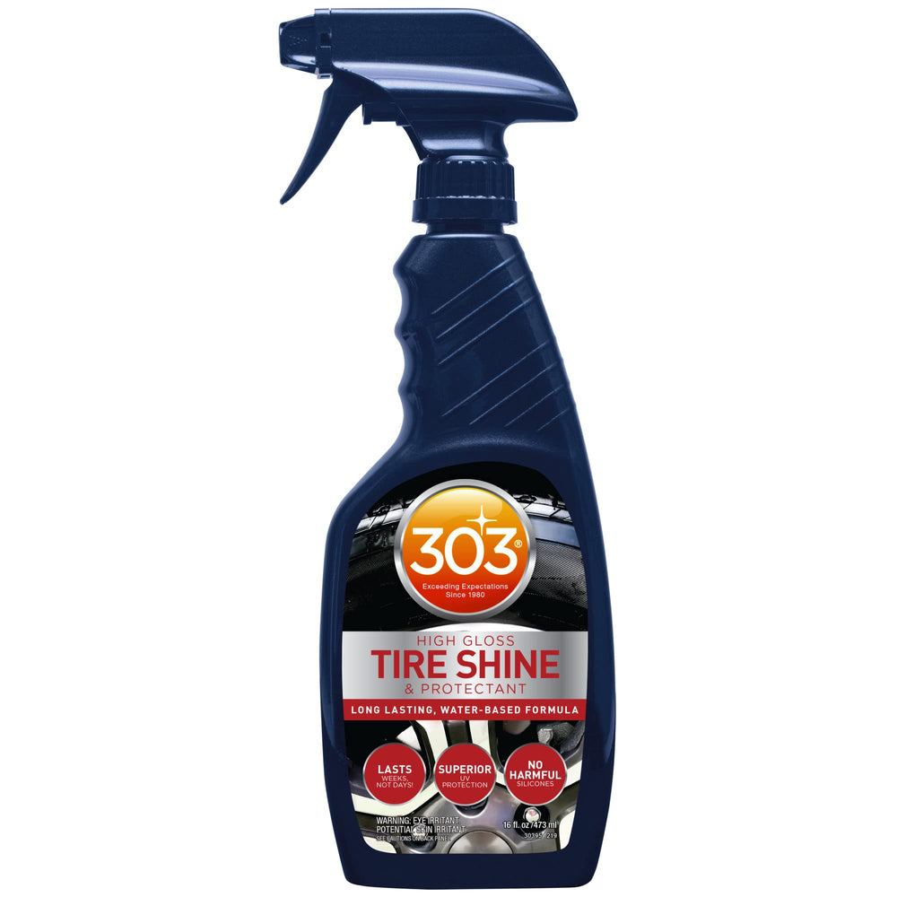303 Products high gloss tire shine bottle for lasting shine on tires.