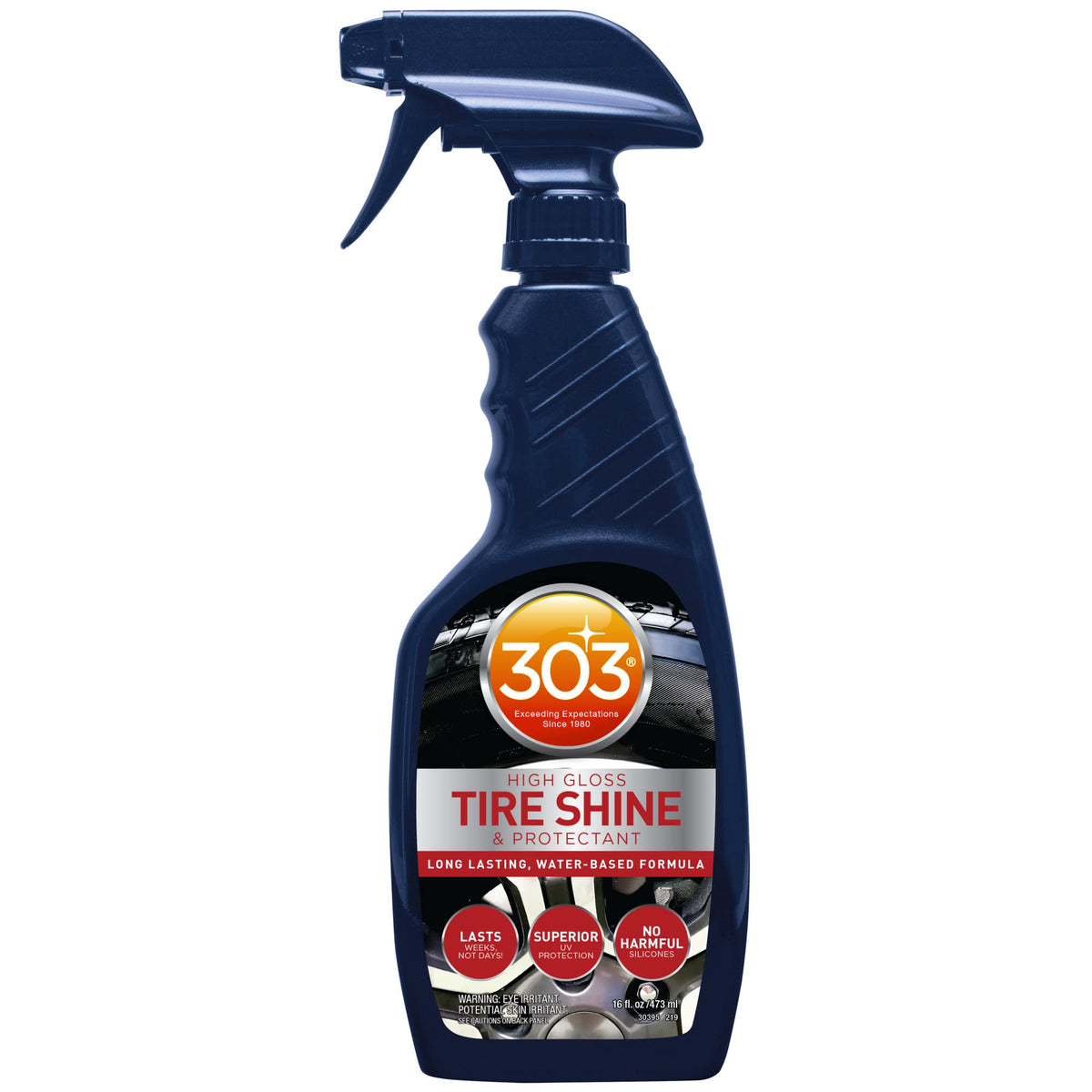 303 Products high gloss tire shine bottle for lasting shine on tires.