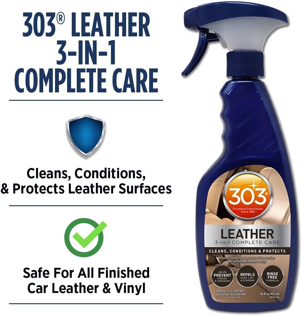 303 Products leather 3-in-1 bottle demonstrates safe cleaning and conditioning results