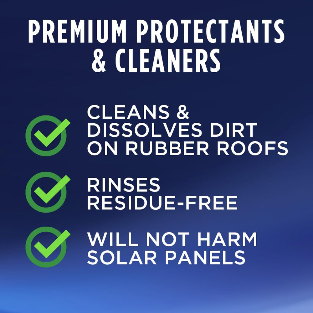 Applying scrub on RV rubber roof to remove buildup safely.