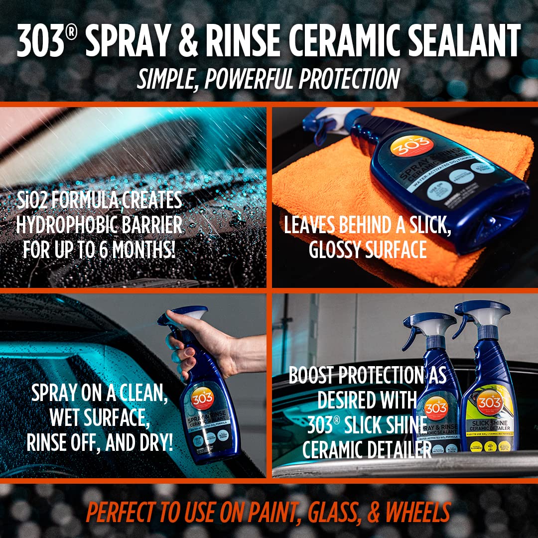 Water beading close-up shows hydrophobic protection from 303 Products Ceramic Sealant.