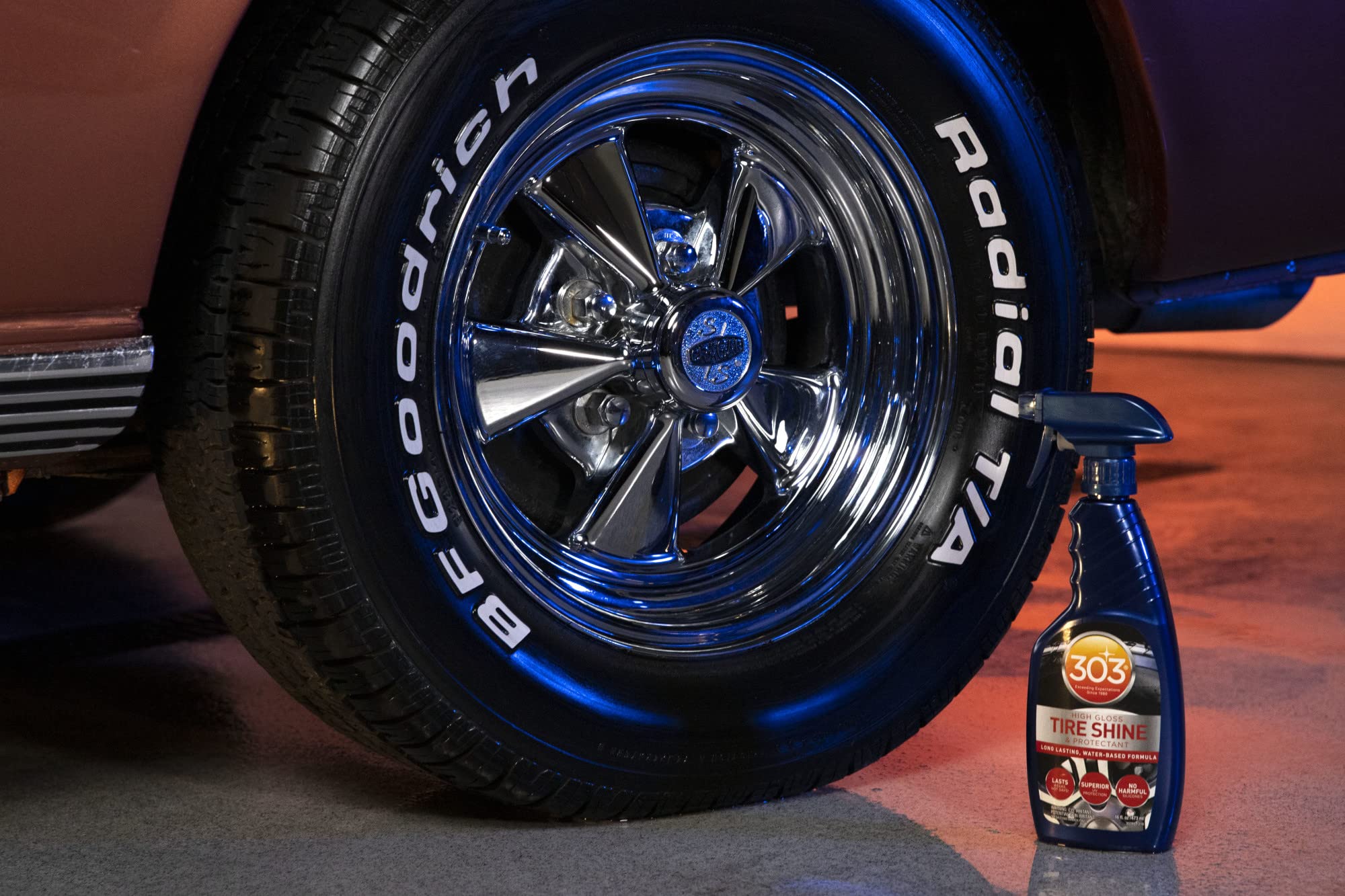303 Products tire shine wet look achieving a rich reflective surface.
