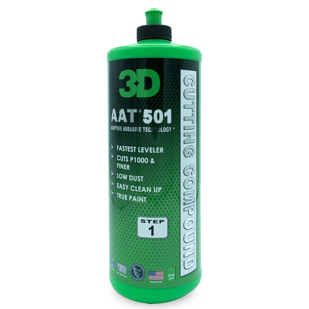3D AAT 501 Cutting Compound bottle demonstrates low-dust performance for smoother paint correction.