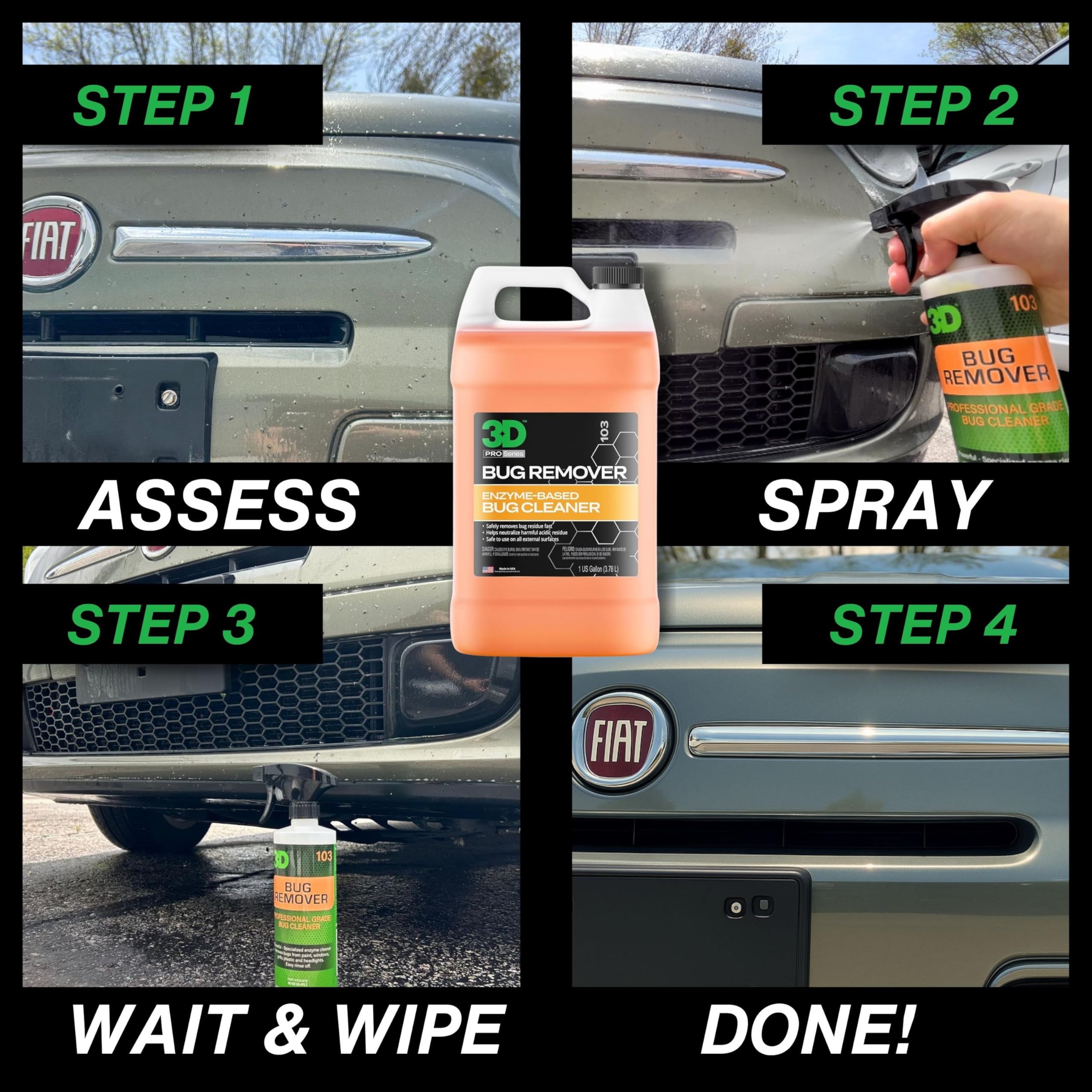 3D Bug Remover spray action demonstrates fast exterior bug cleaning.