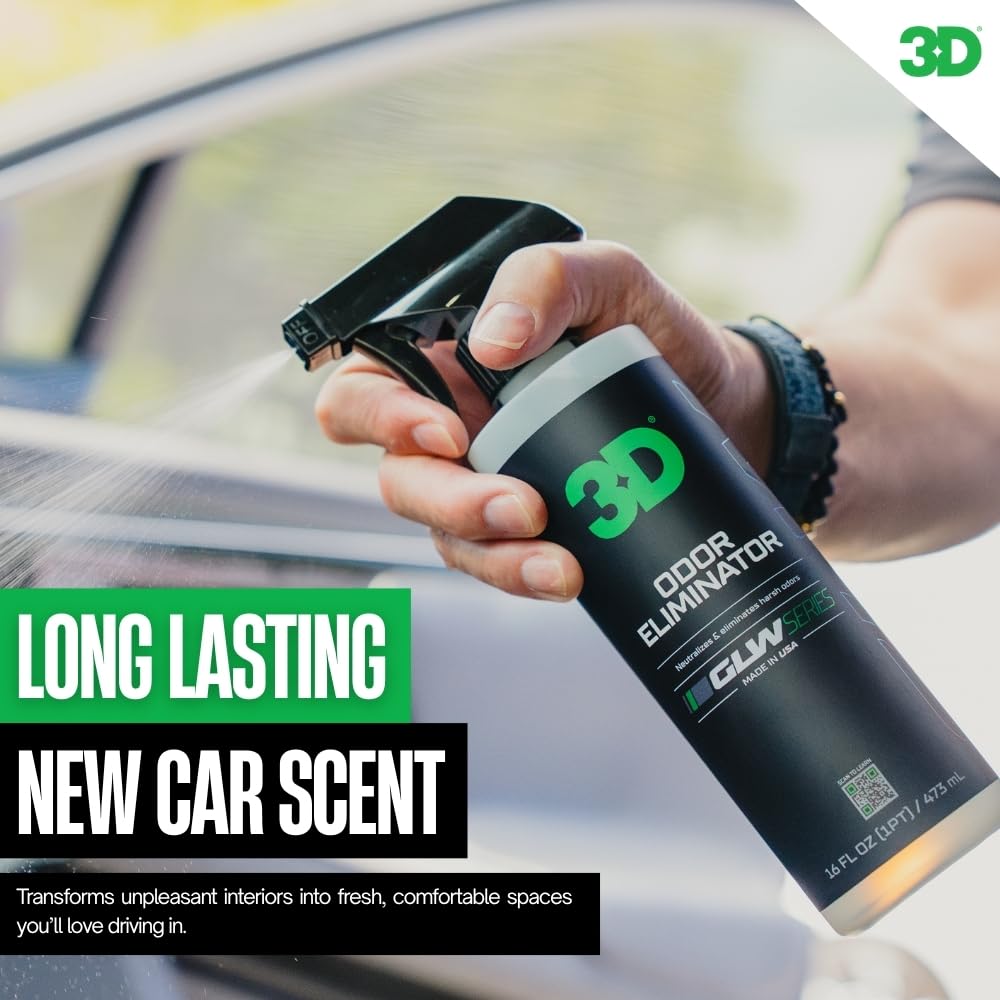 3D GLW bottle pour showing spray action for odor relief.