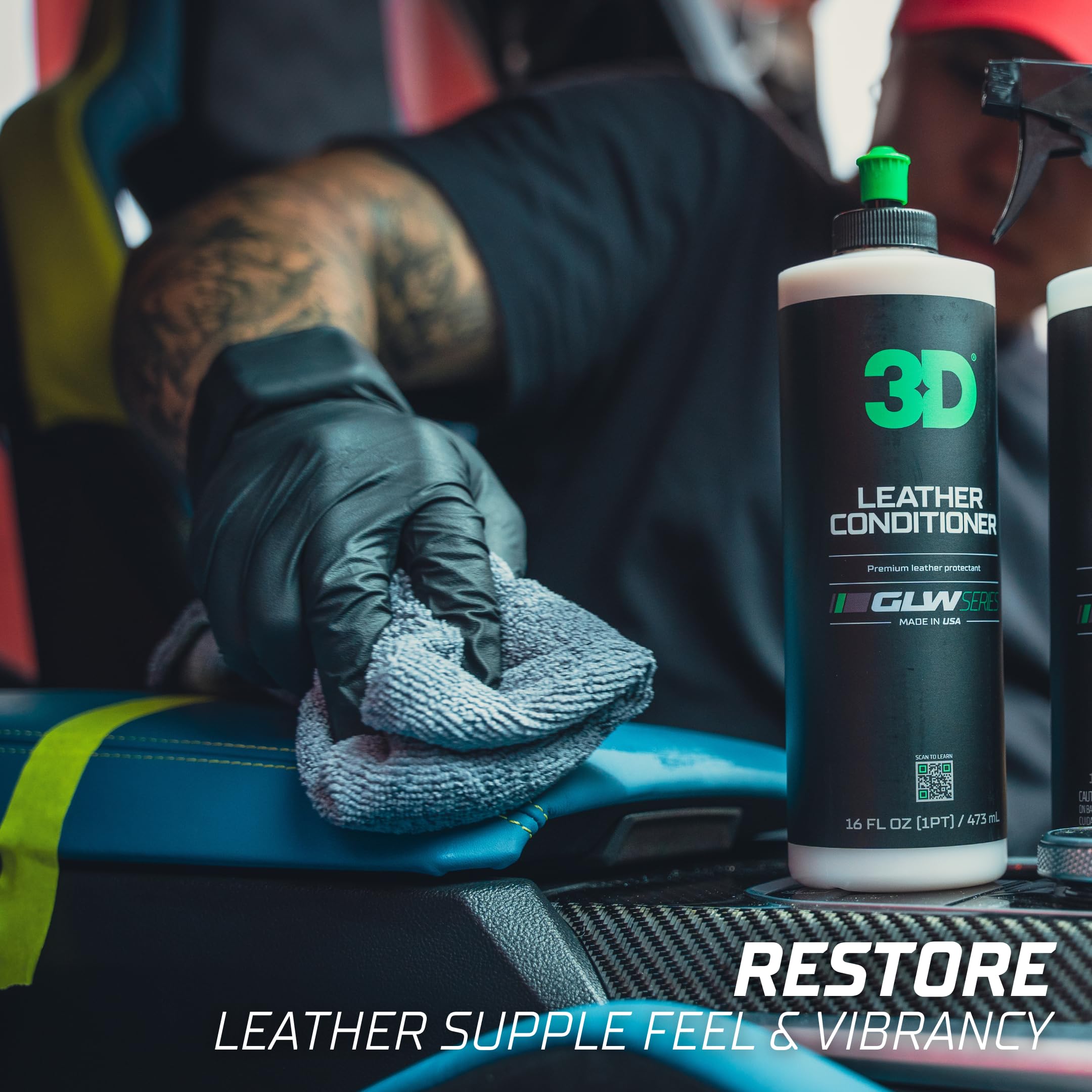 3D GLW Leather Conditioner applied in a DIY detailing session for leather care.