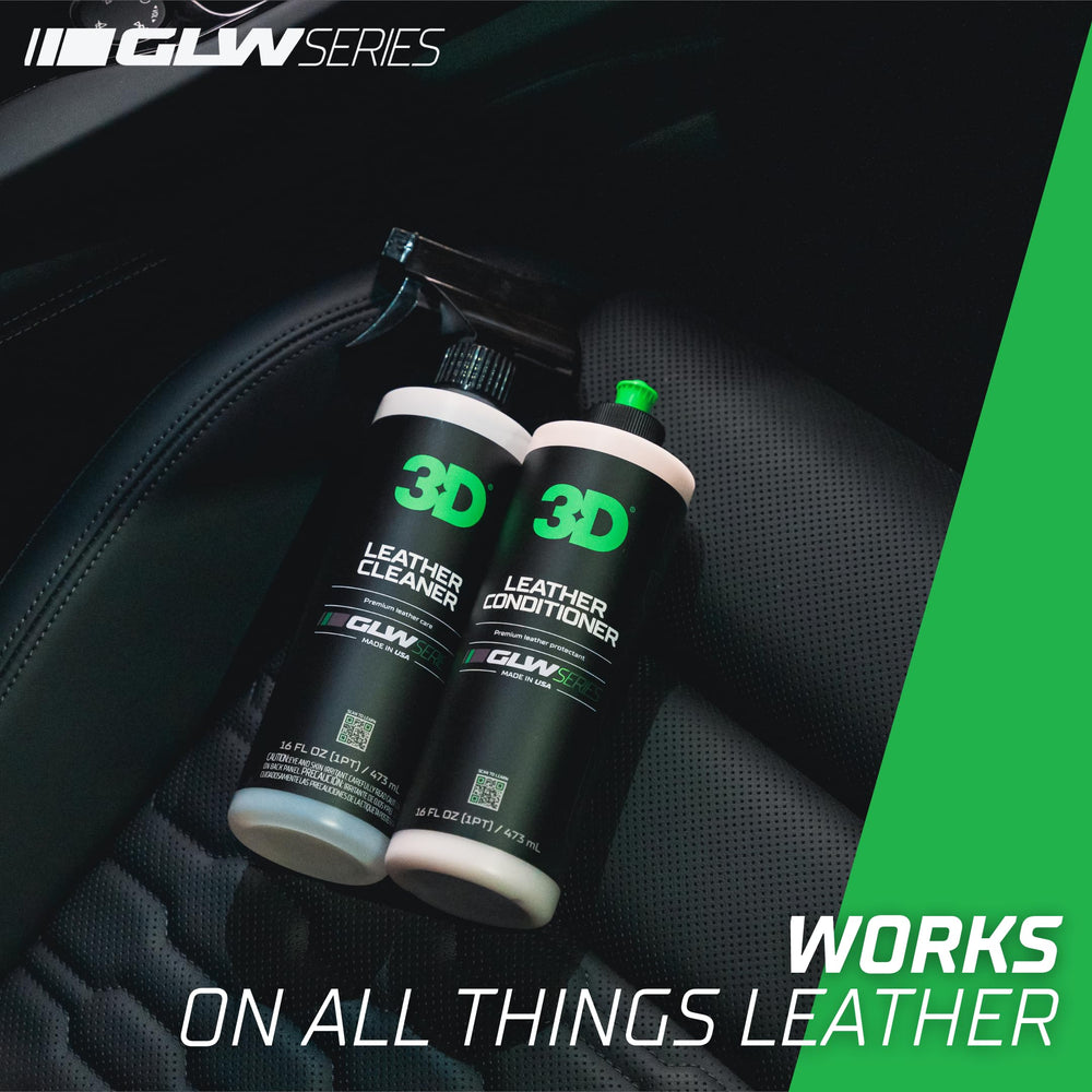 3D GLW Leather Conditioner packaging close-up highlighting branding and quality.