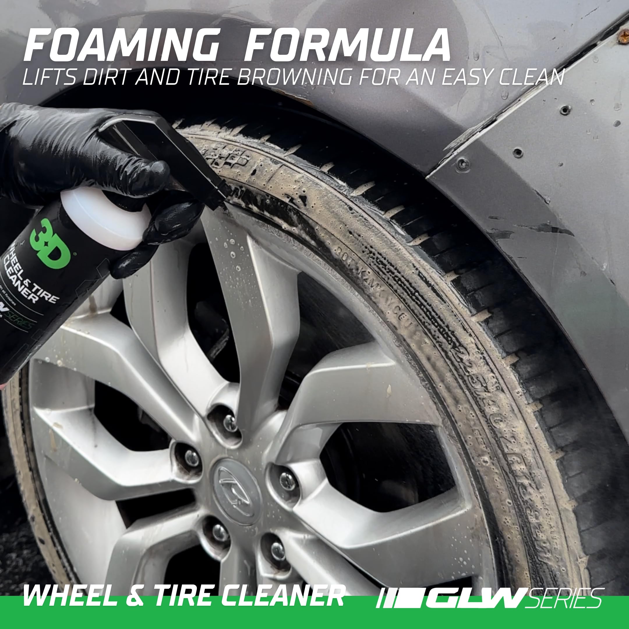 3D GLW Series preps tires before applying tire dressing for even shine.
