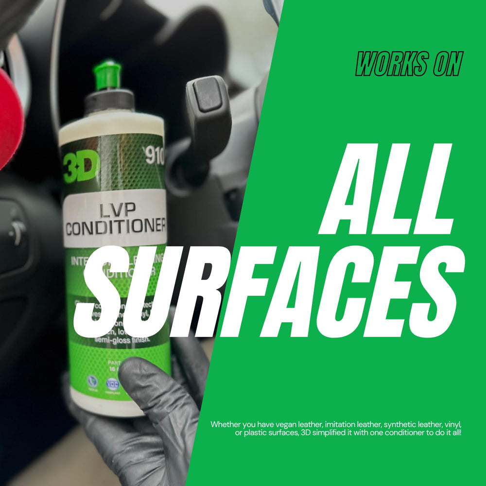3D Leather, Vinyl & Plastic Conditioner USA-made bottle close-up.
