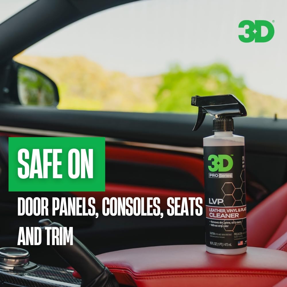 3D LVP Interior Cleaner on plastic dashboard surface removing grime