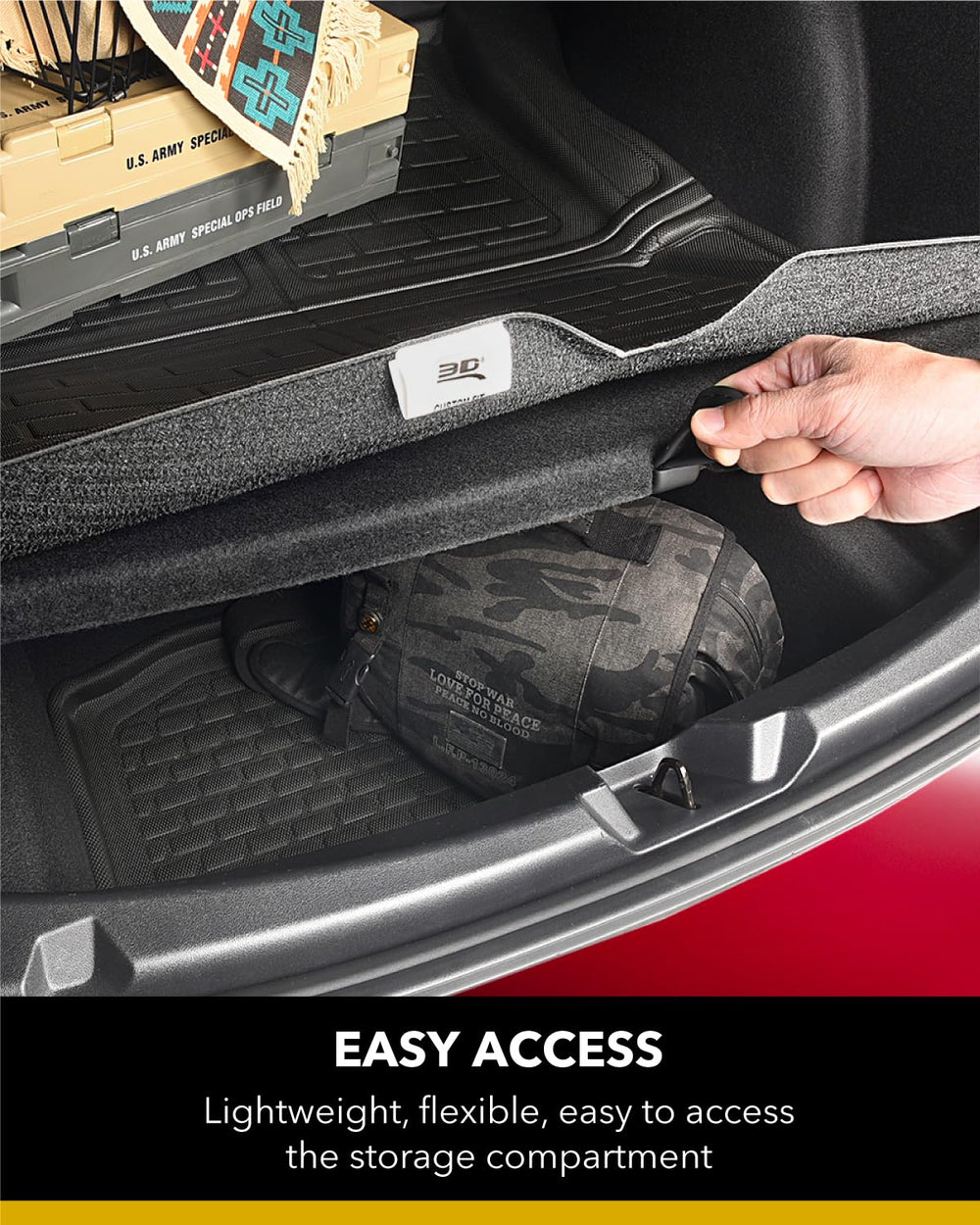 Raised edges of the 3D MAXpider Kagu Cargo Liner trap liquids inside the trunk.