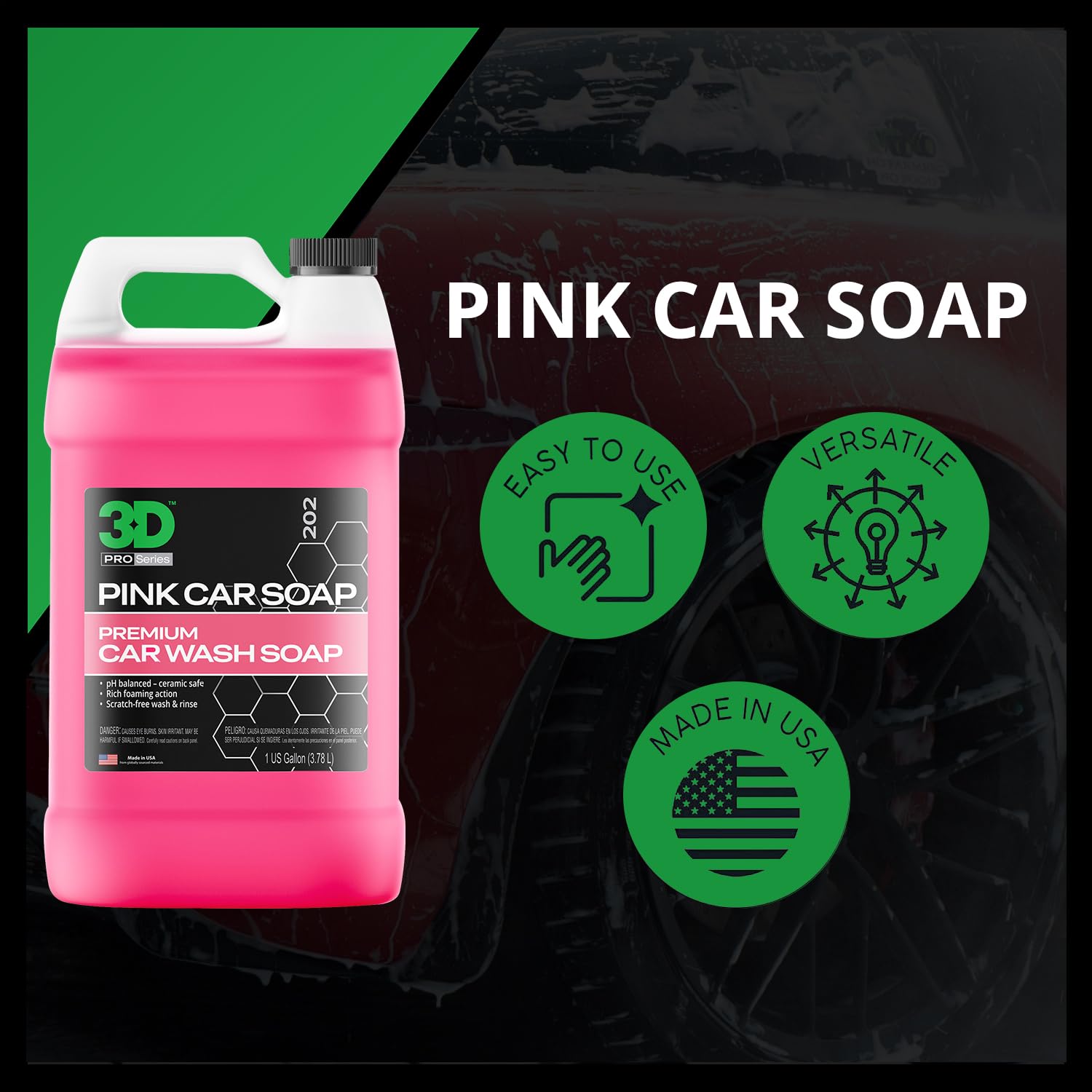 Safe-on-wax and sealants claim shown on 3D Pink Car Soap packaging