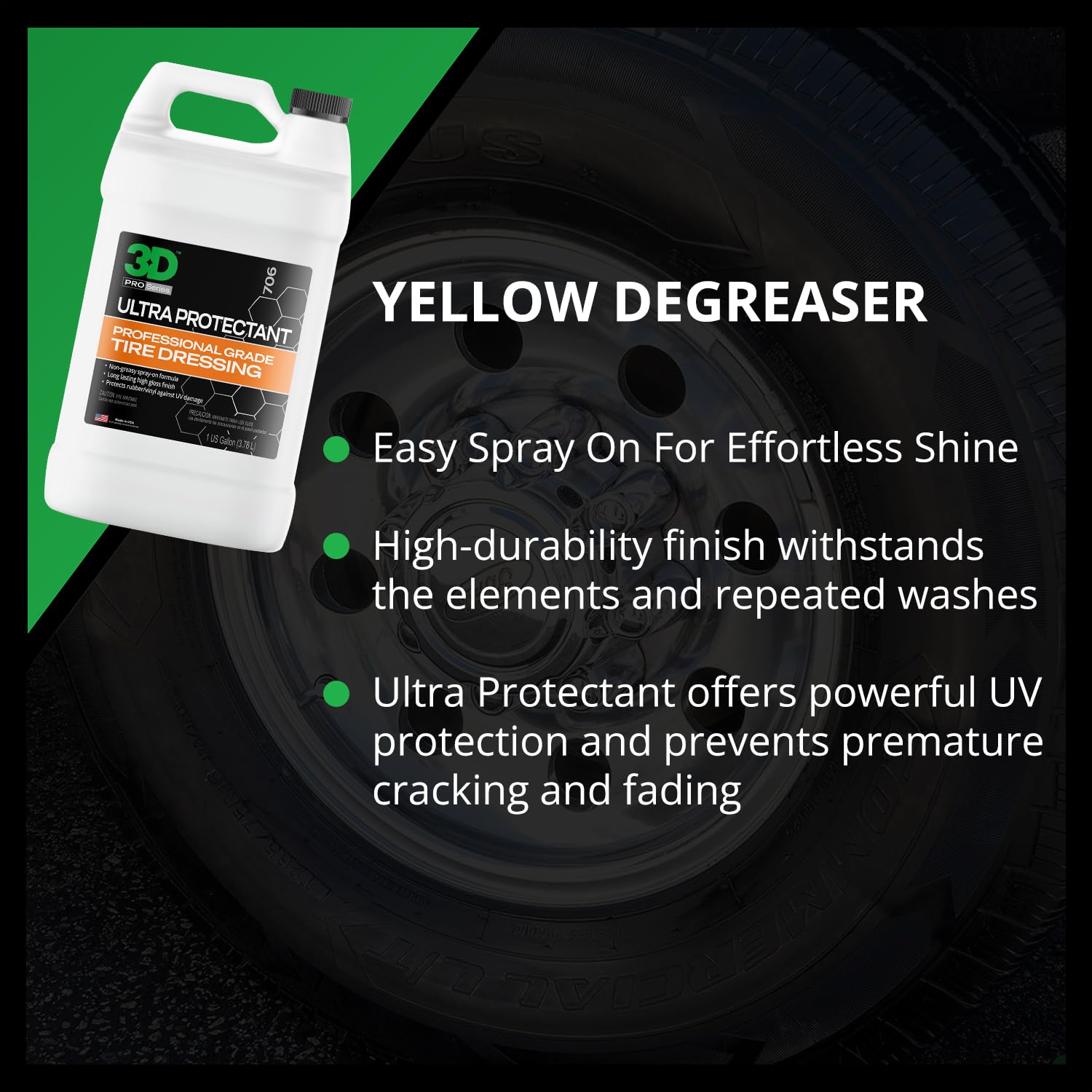 3D Ultra Protectant applied to tire rubber surface for durable shine