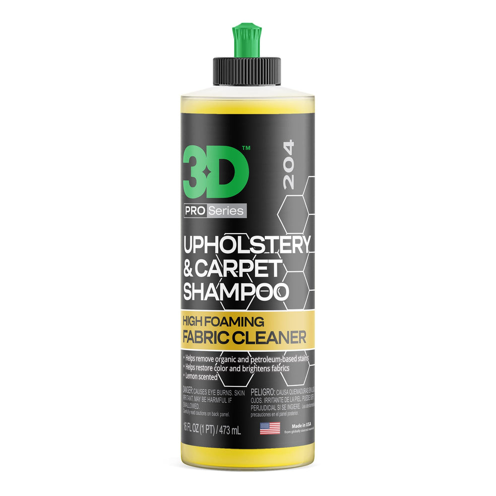 3D Upholstery & Carpet Shampoo bottle demonstrates one step cleaning for fabrics
