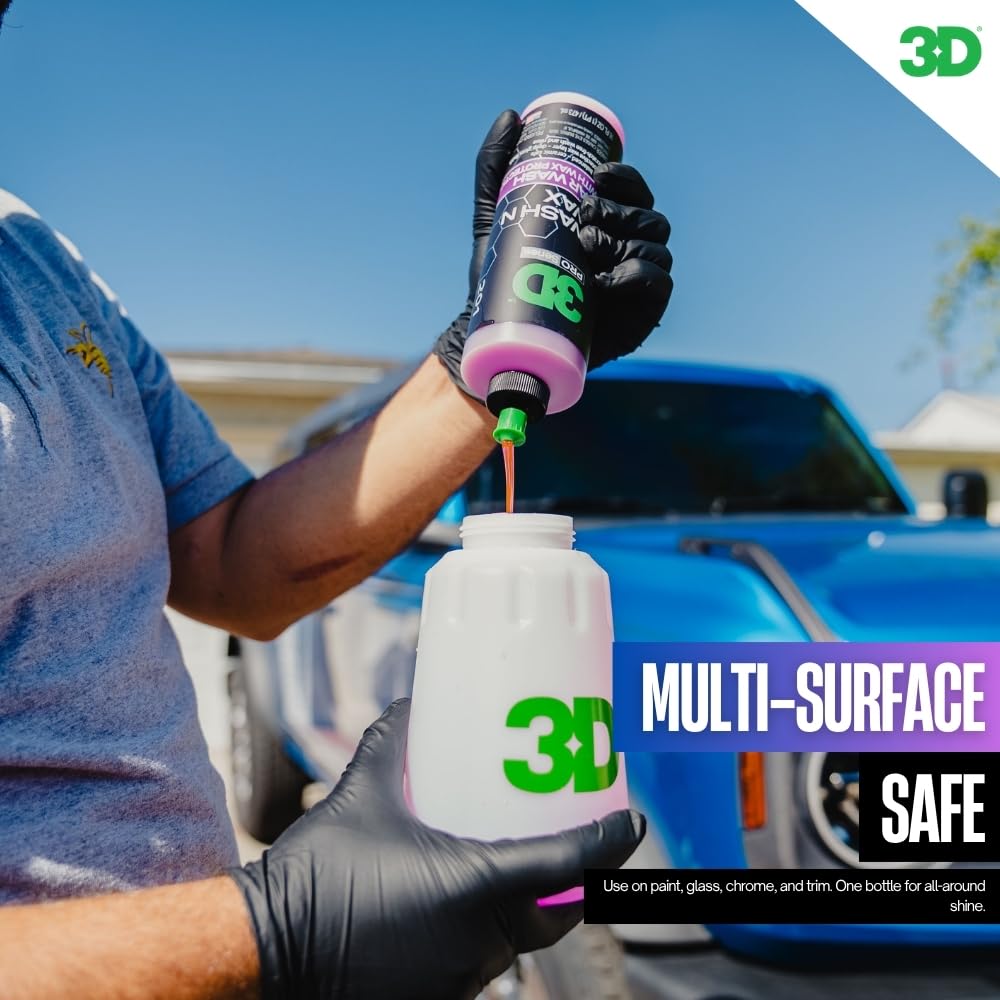 3D Wash N Wax foam-laden suds surround car panel during washing.