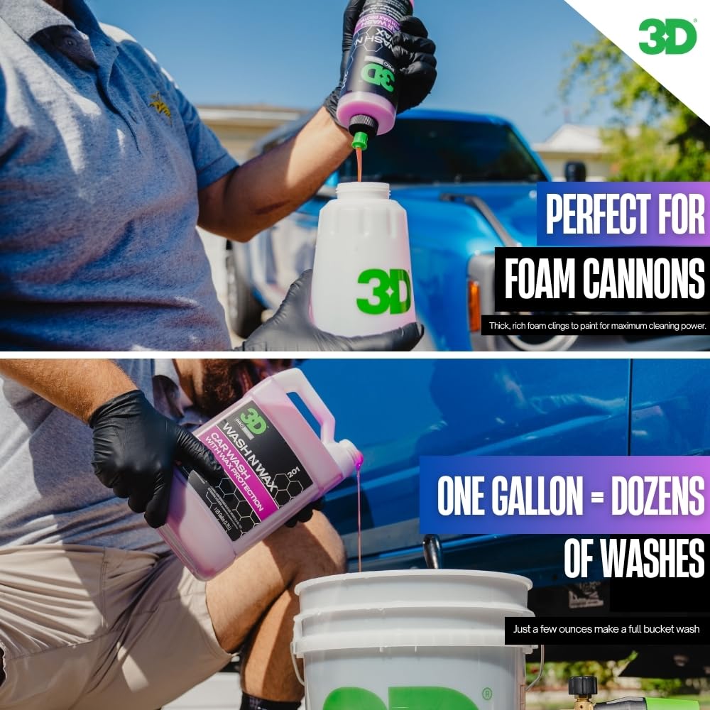 3D Wash N Wax thick foam lather cleans while reducing swirl risk.