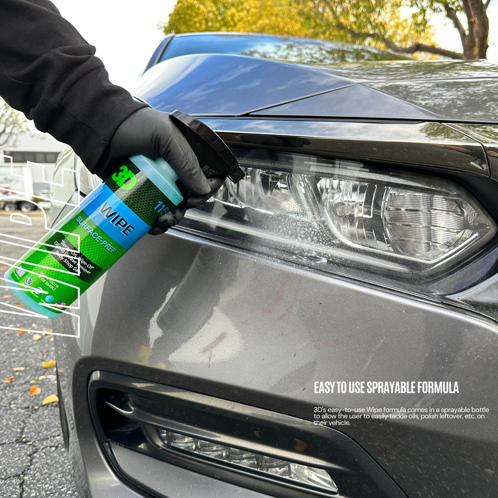3D Wipe bottle-side prep removes lubricants before coating on exterior panels.