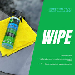 3D Wipe spray-on action on paint and wheels removes oils for better adhesion.