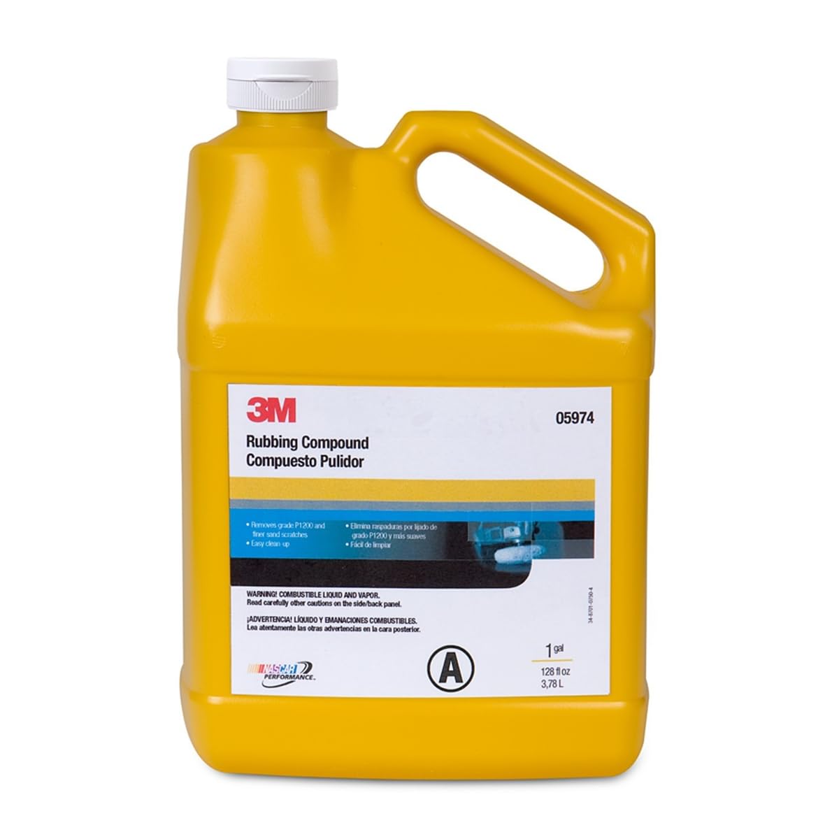 3M 05974 rubbing compound bottle front label for auto detailing and smoothing.