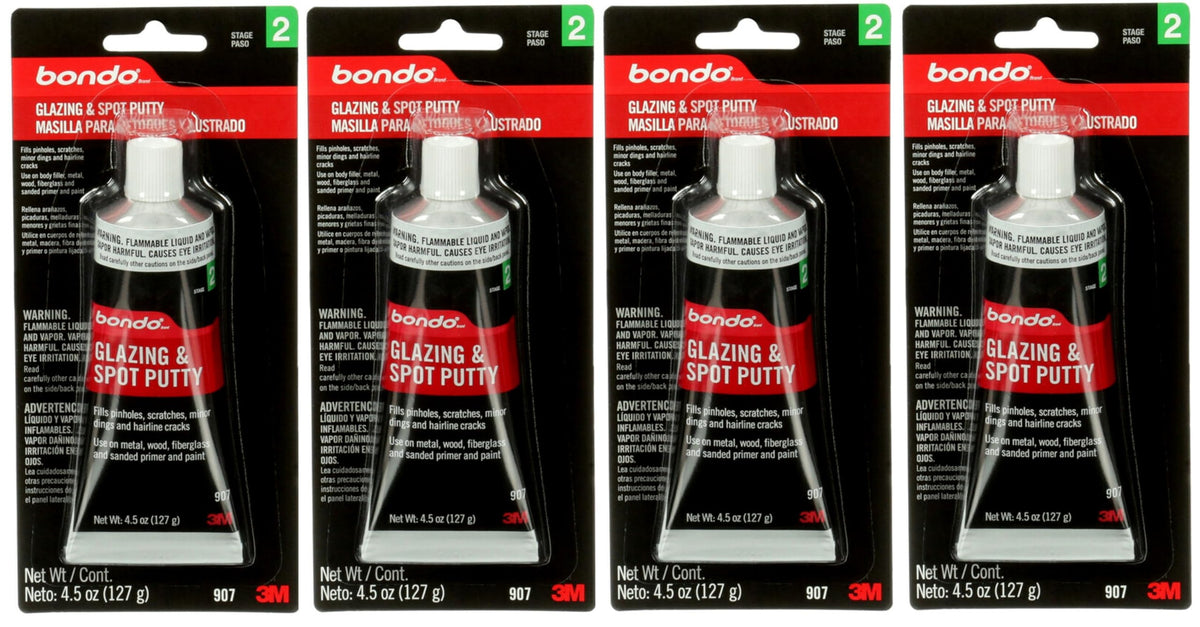 3M Bondo 907 glazing and spot putty on a curved car panel for smoothing minor imperfections.