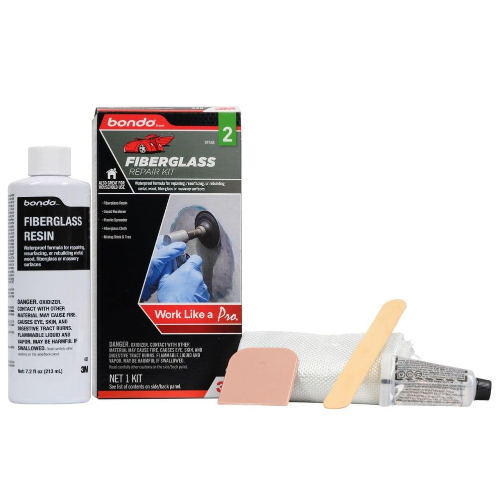 3M Bondo fiberglass resin kit box and components for quick at-home auto repairs.