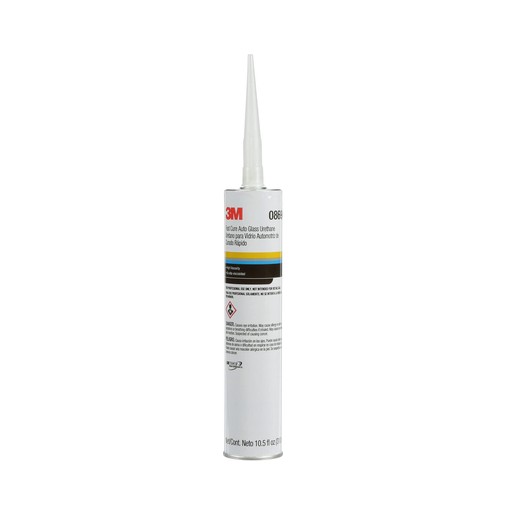 3M Fast Cure Auto Glass Urethane white adhesive on cartridge shows high-visibility sealant for accuracy.