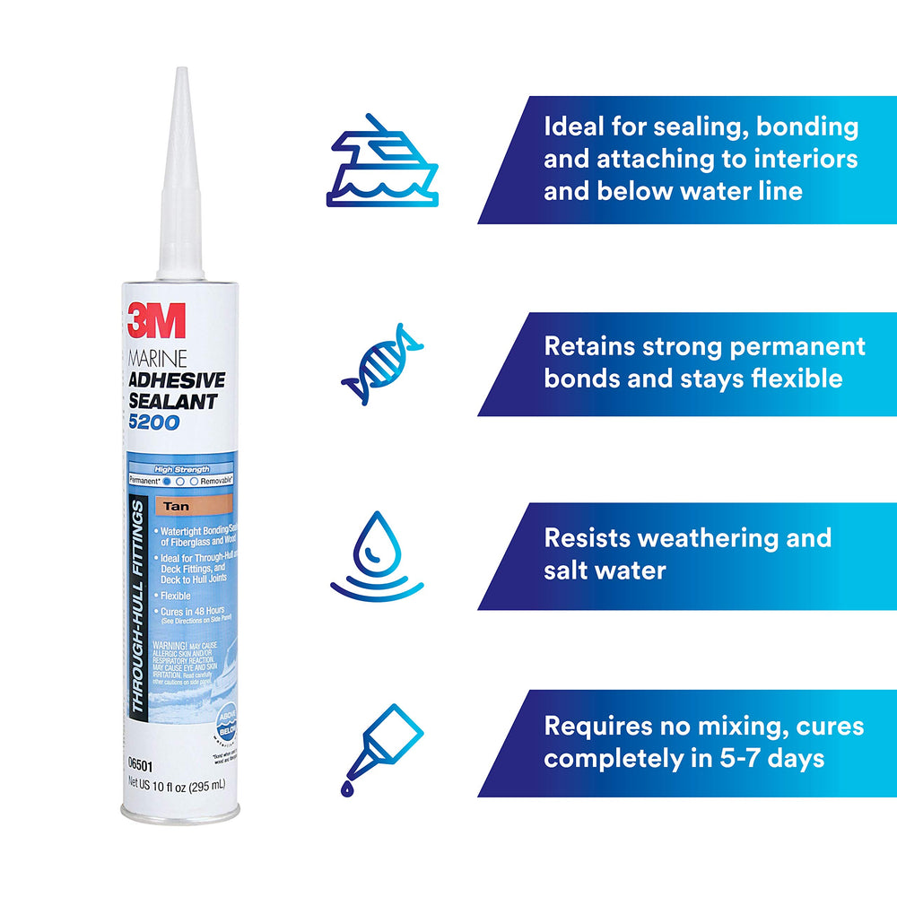 3M 5200 cures tack-free in about 48 hours for reliable joints on watercraft.