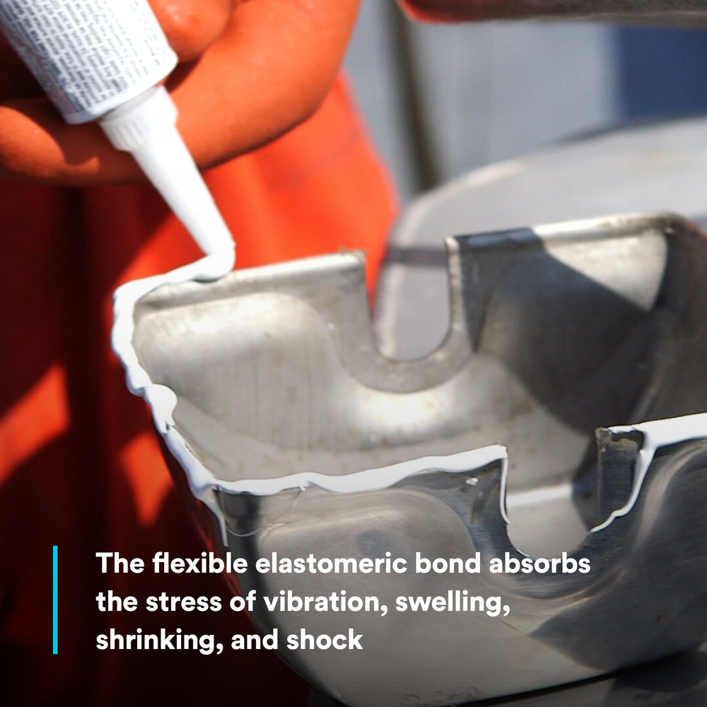 3M Marine Adhesive Sealant 5200 on fiberglass transom edge delivers durable adhesion.