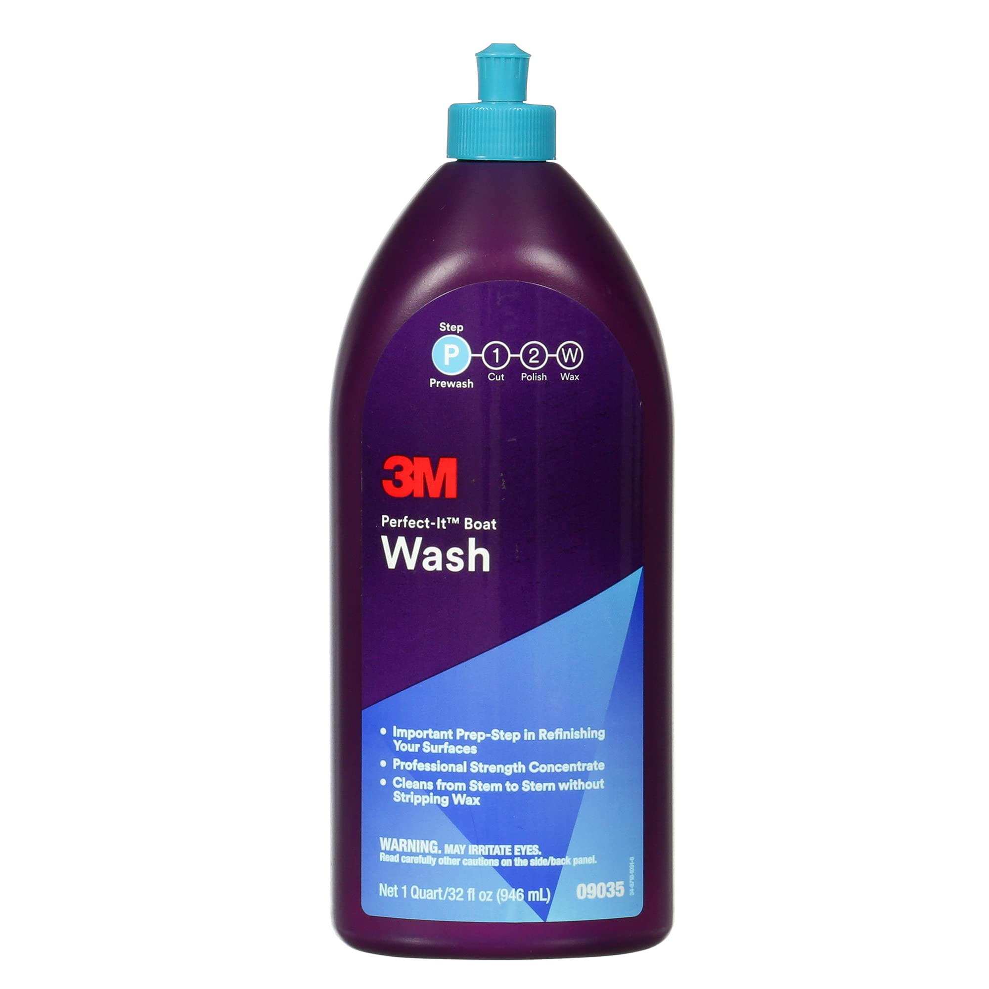 3M Perfect-It Boat Wash bottle with rich foam cleans grime without wax stripping.