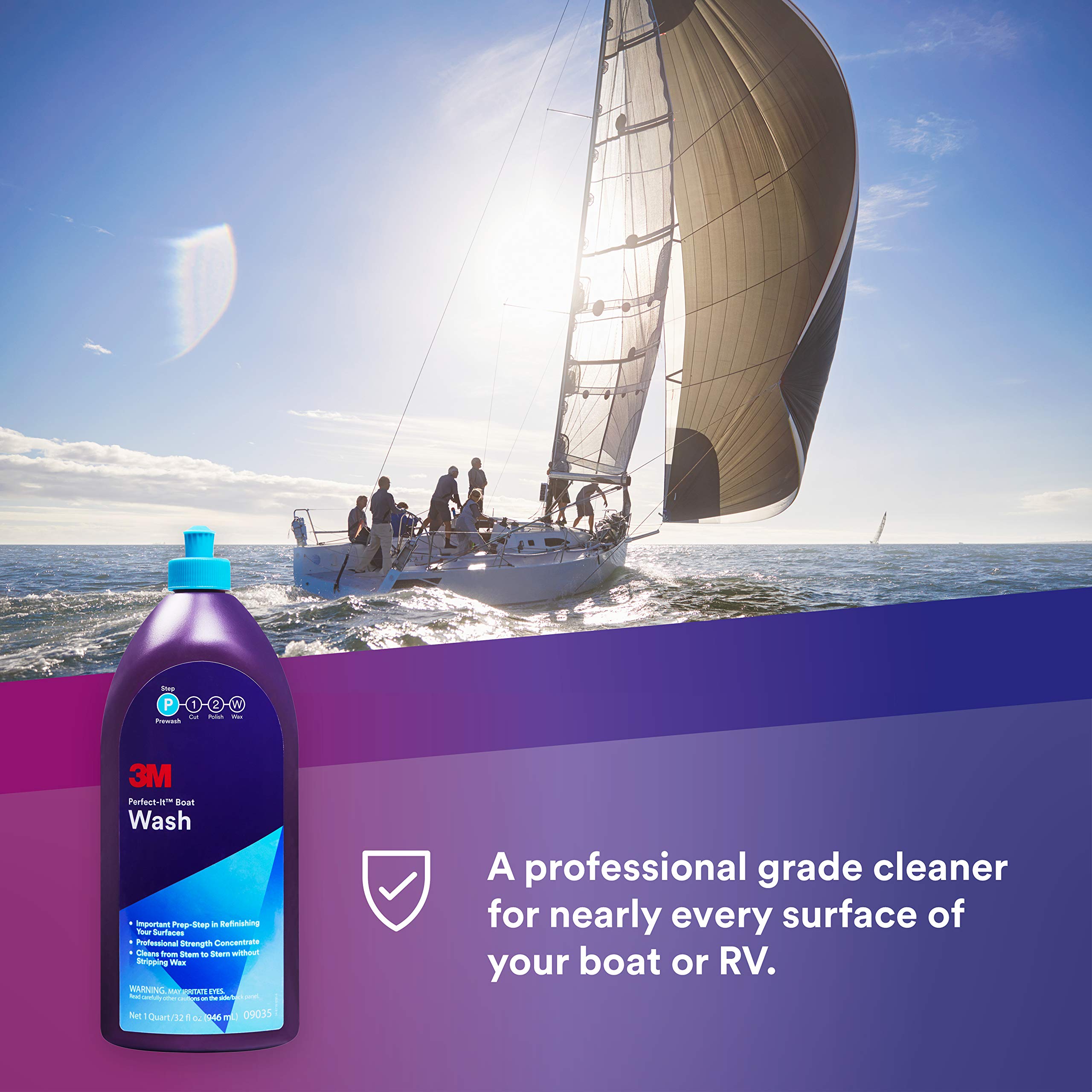 3M Perfect-It Boat Wash foam lather on hull surface for gentle marine cleaning.