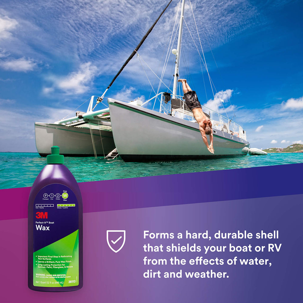 3M Perfect-It Boat Wax being hand-applied on gelcoat surfaces for protection.