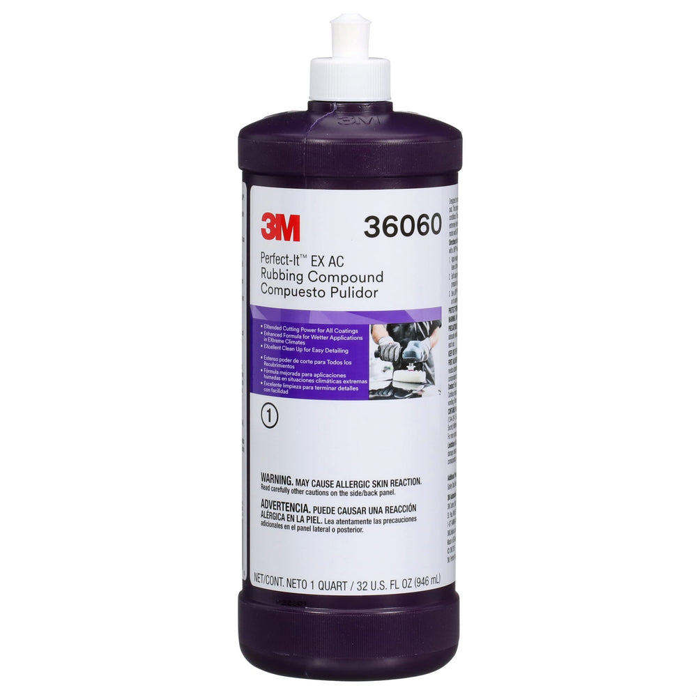 3M Perfect-It EX AC rubbing compound bottle enables fast scratch removal on modern clearcoats.