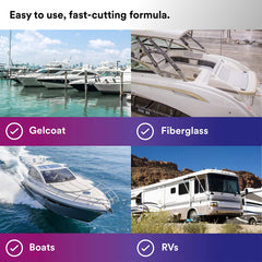 3M Perfect-It gelcoat heavy-cutting compound on fiberglass boat surface for improved gloss.