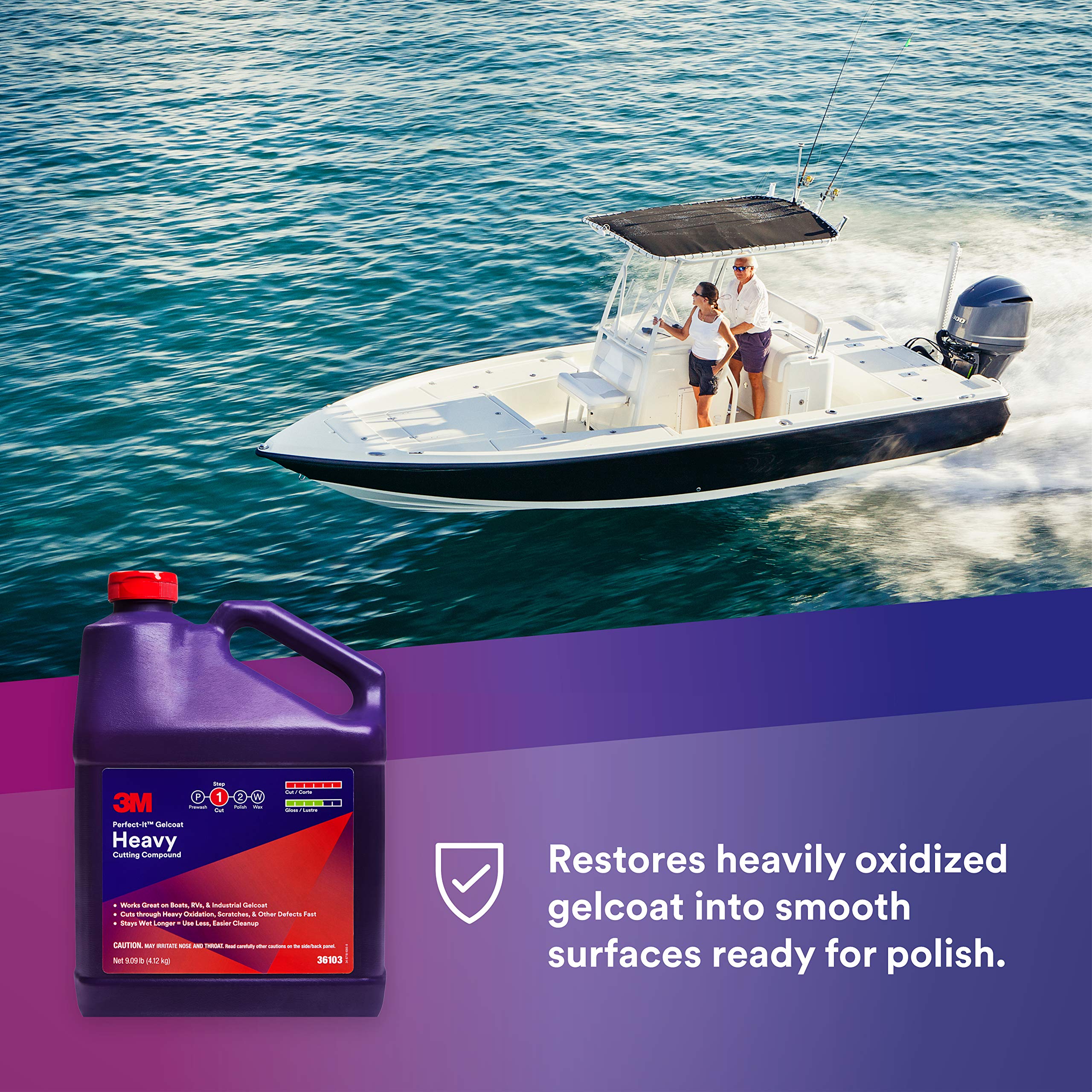 3M Perfect-It gelcoat heavy-cutting compound in use on fiberglass with a pad for smooth finish.