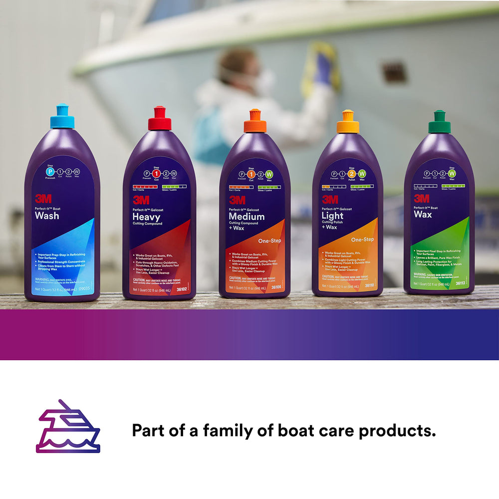 3M Perfect-It Gelcoat Heavy Cutting Compound packaging clearly lists usage and safety.