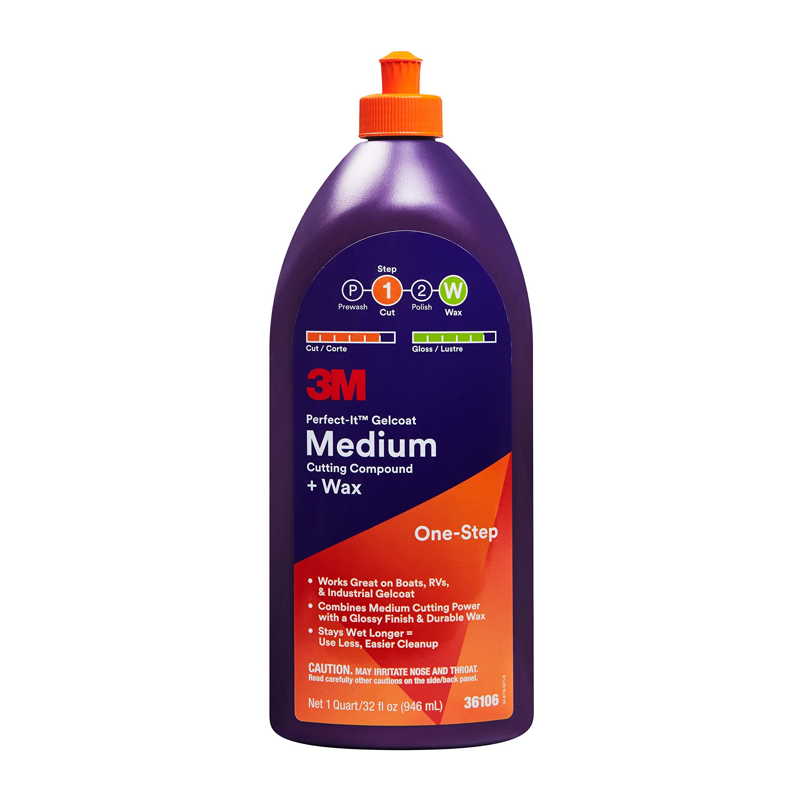 3M Perfect-It Gelcoat Medium Cutting Compound bottle for boats and RVs; helps restore gelcoat clarity
