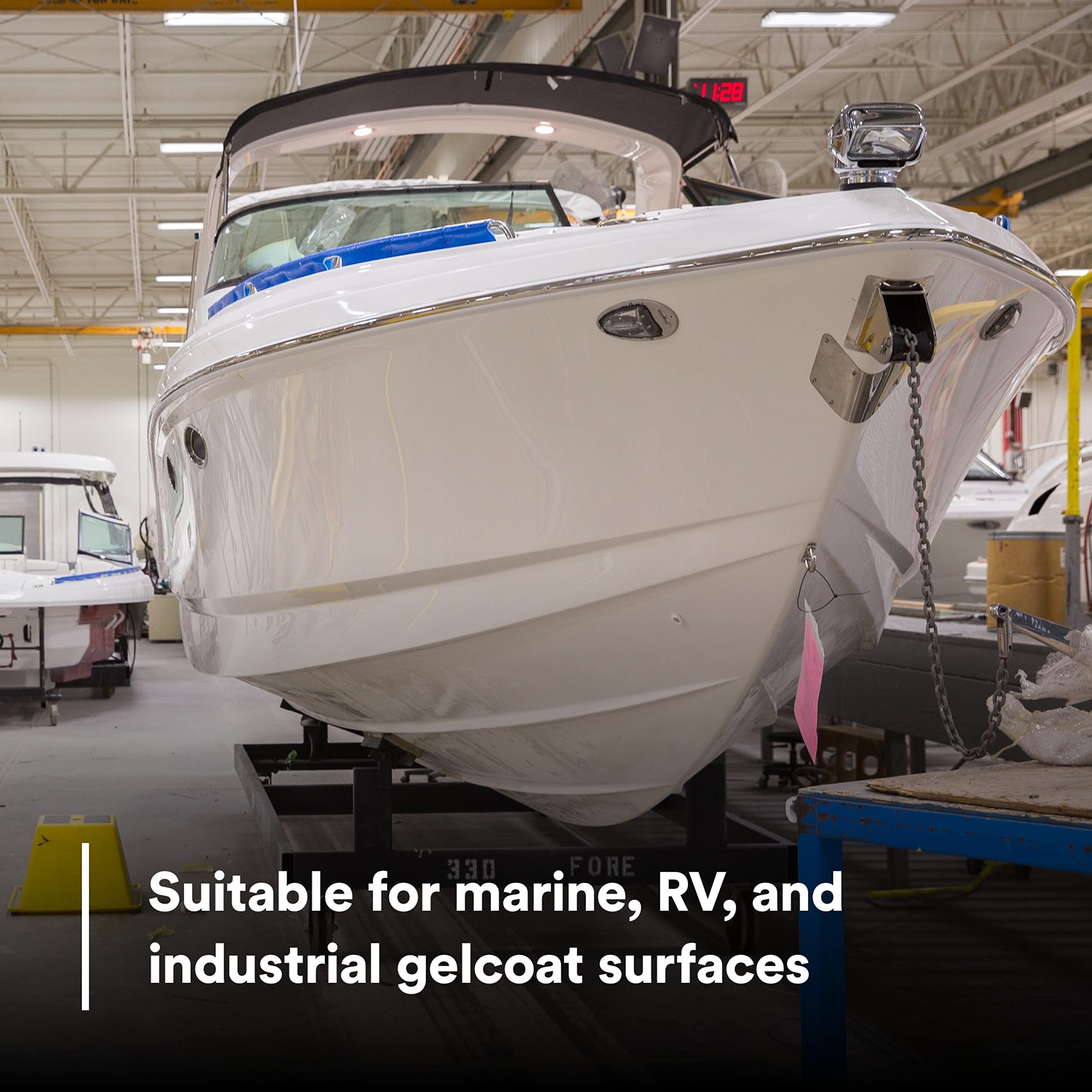 3M Perfect-It Gelcoat example showing removal of minor scratches on hull.