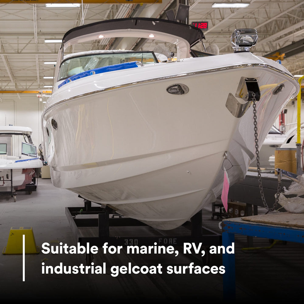 3M Perfect-It Gelcoat example showing removal of minor scratches on hull.