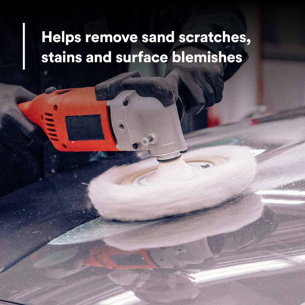 3M 05973 rubbing compound surface buff action on a restored panel.