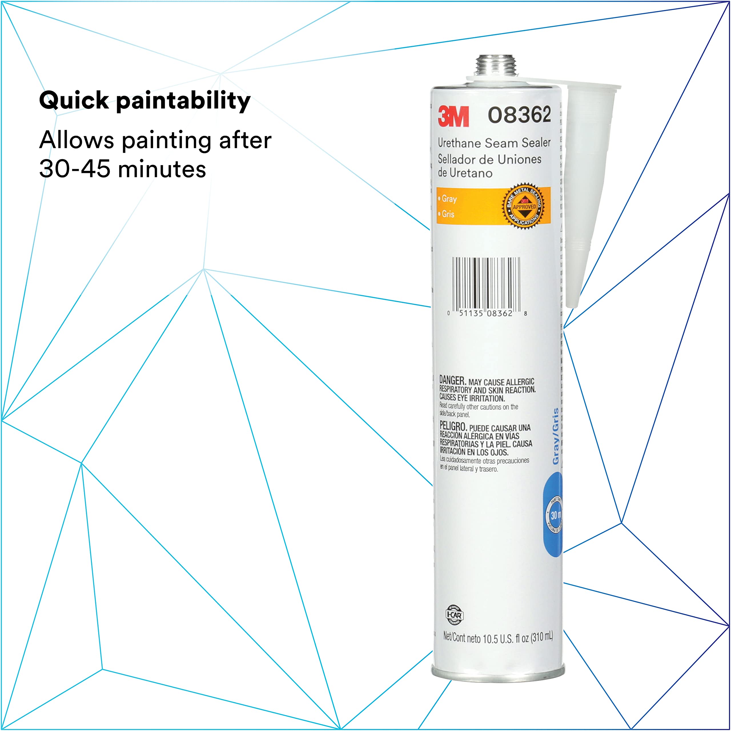 3M Urethane Sealer 08362 adheres to metal and painted surfaces in automotive projects.